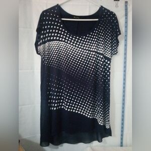 B.L.E.U. Navy Blue Polka Dot Sheer Layered Blouse, Size Large